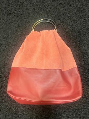 ASOS Two-Tone Coral Suede & Leather Tote with Gold & Black Handles